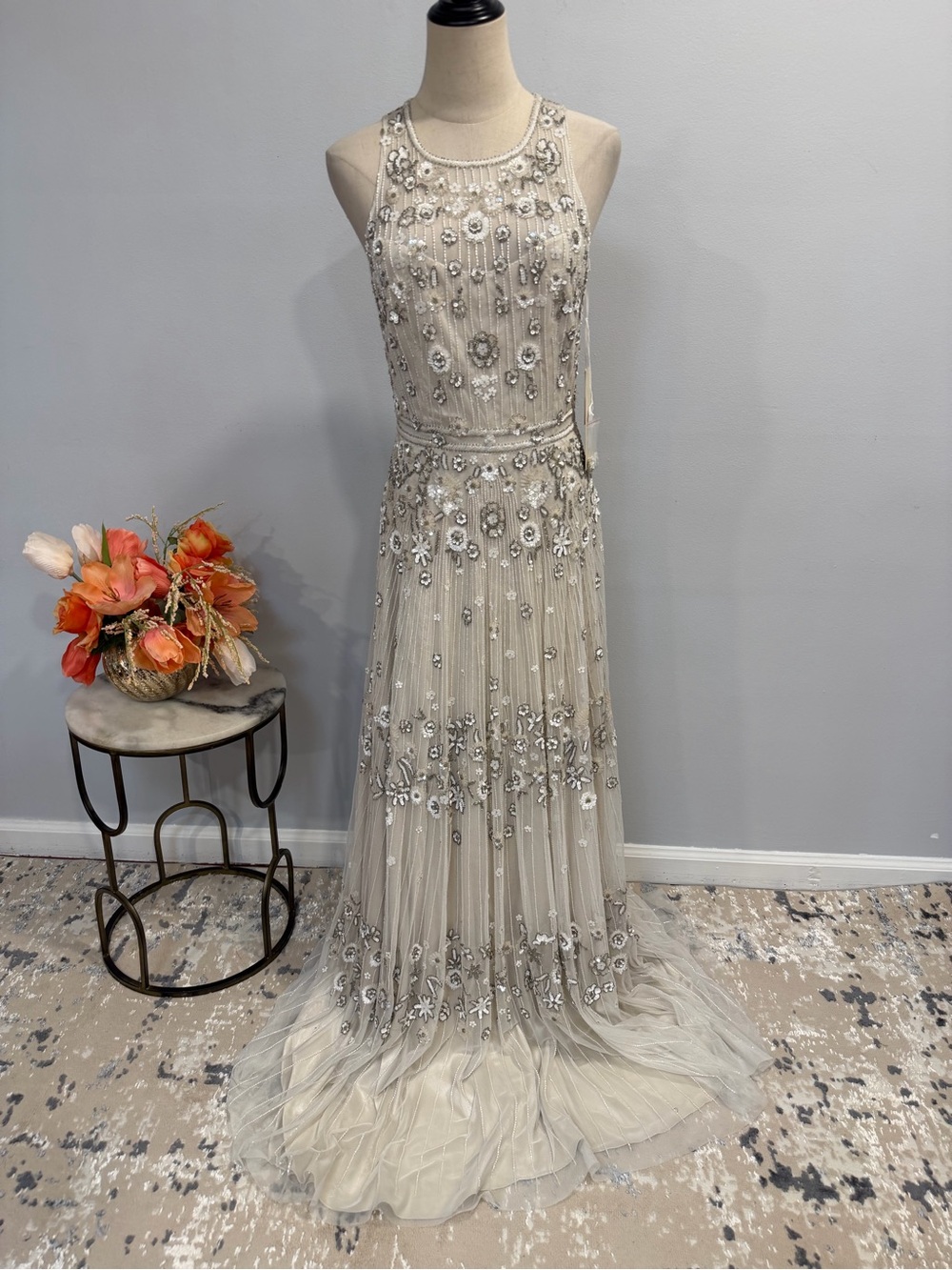 Melissa Sweet Ivory Beaded Embellished Halter Tank ALine Sleeveless Evening Gown
